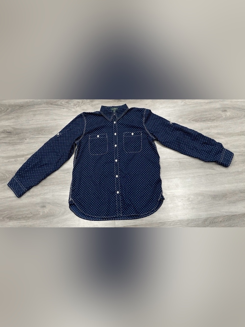 Lauren Jeans Co. Polka Dot Denim Shirt Navy Blue Women’s Large Workwear
